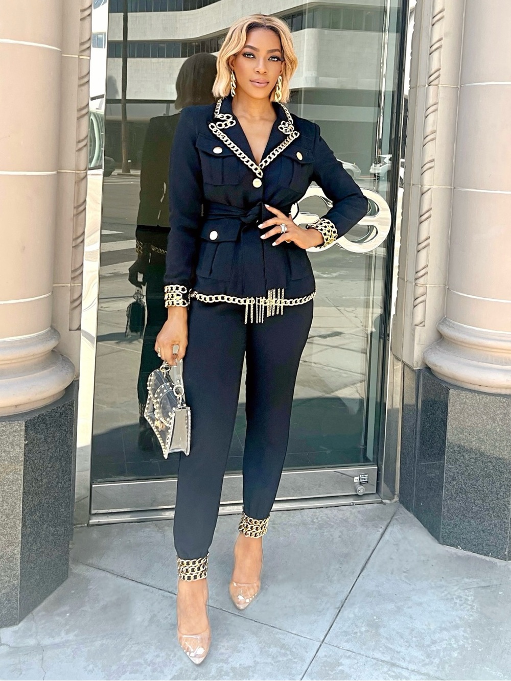 Tailored Black Chain-Trim Pantsuit with Gold Accents